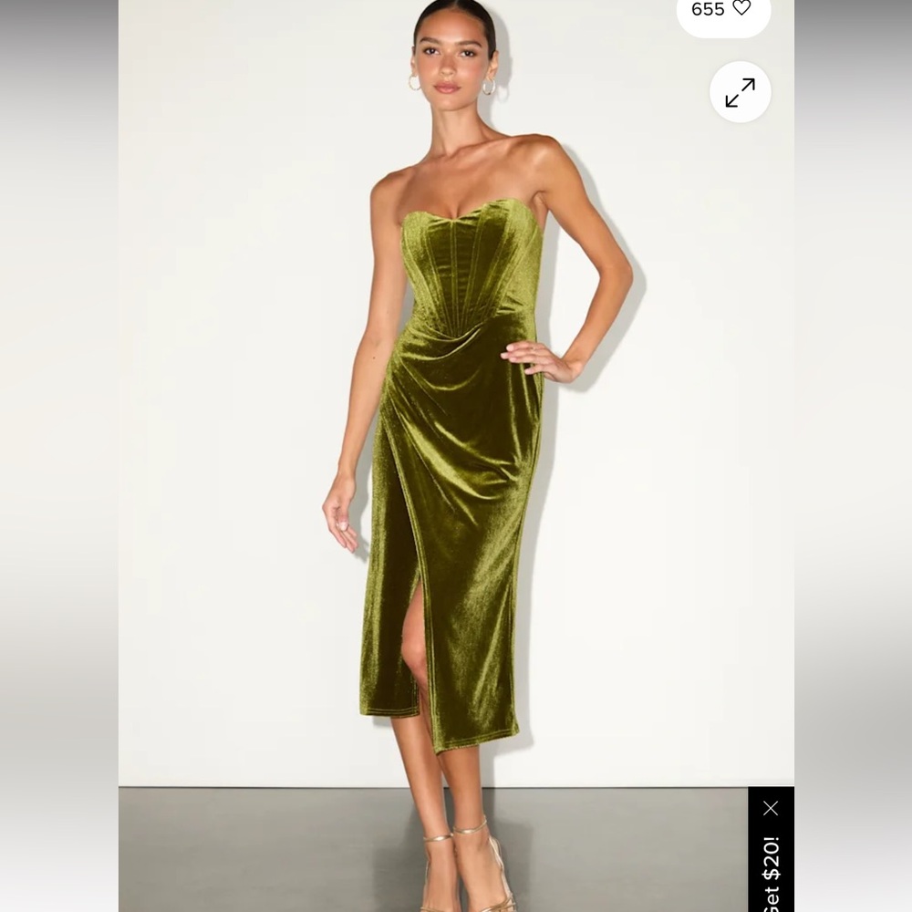 Lulu's Masterfully Flirty Olive Green Velvet Bustier Midi Strapless Dress